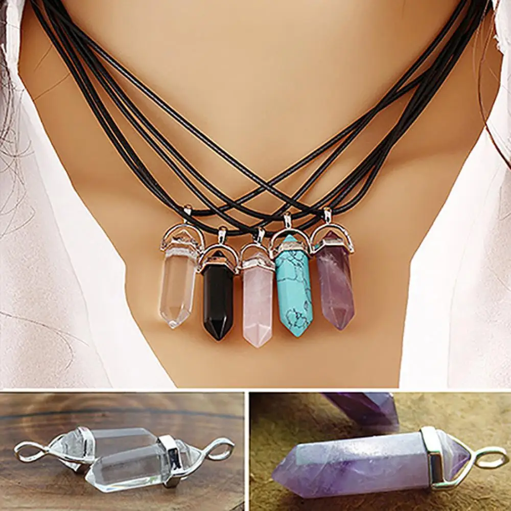 

Faux Gemstone Rock Natural Quartz Healing Point Chakra Reiki Pendant Rope Necklace Healing Reiki Pendant Jewelry Collares