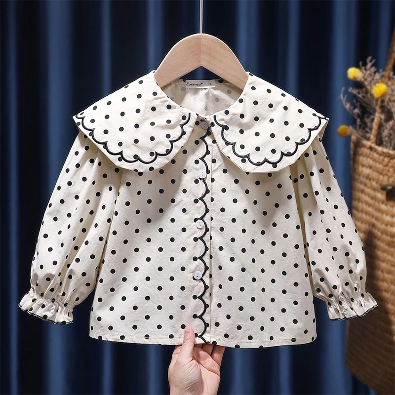 

Korean Kids Doll Collar Patchwork Ruffles Button Blouse All-match White Small Polka Dot Print Long Sleeve Shirt Girls' Clothing