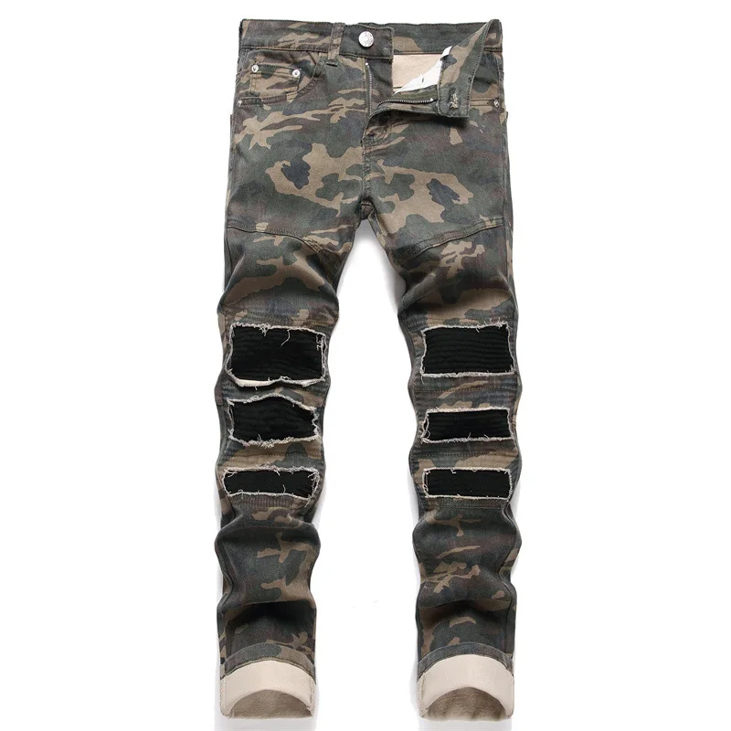 New Slim Fit Street Fashion Men's Jeans with Broken Holes, Folded Patches, and Mid Waist Camo Feet Pants