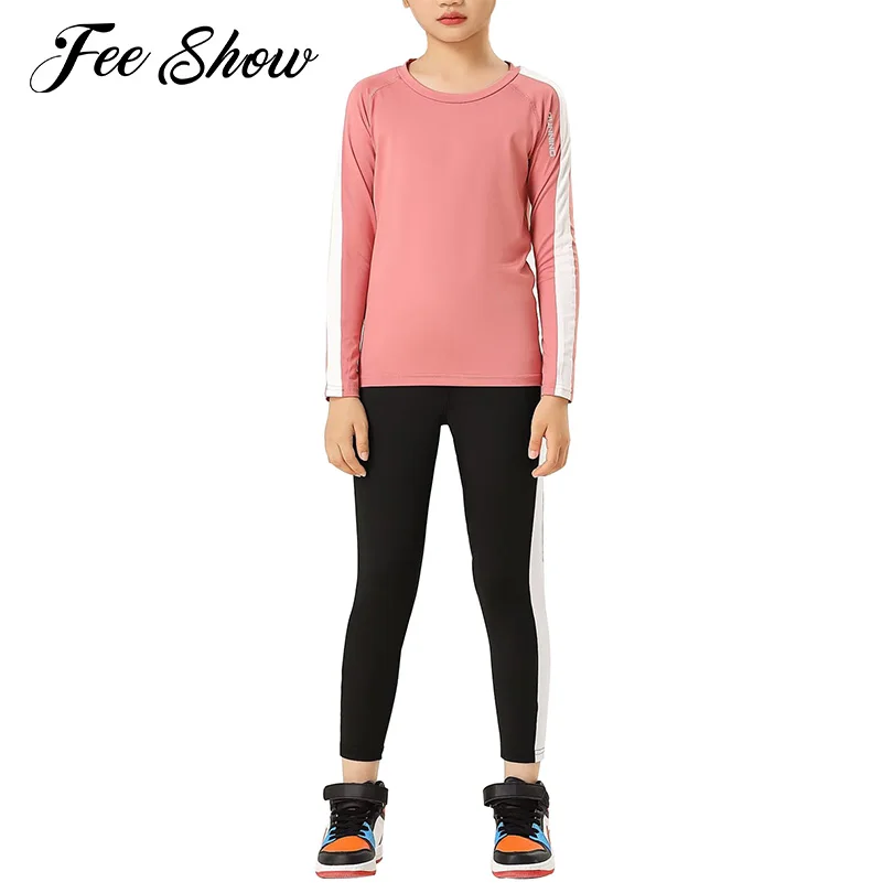 

Kids Girls Running Sets Two-Piece Outfit Tracksuit Long Sleeve T-shirt Leggings Pants Breathable Basketball Football Sport Suits