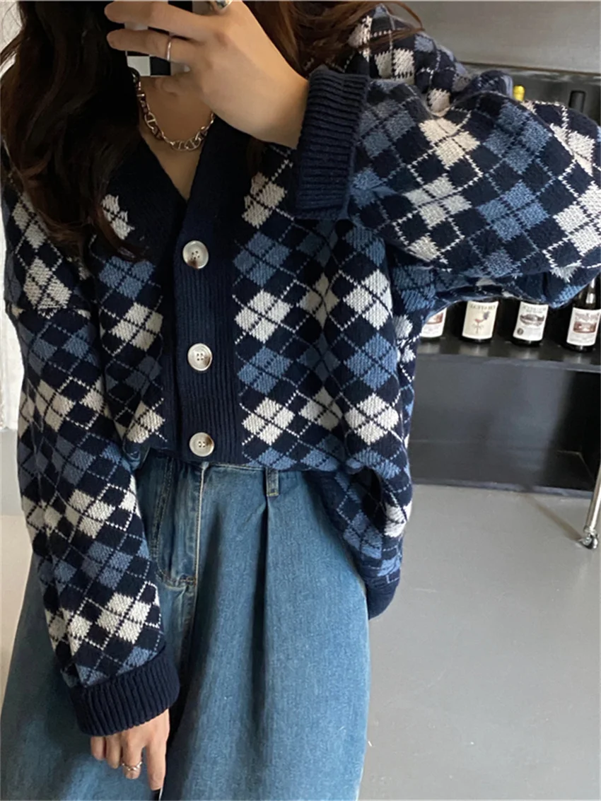 

Толстые свитера HziriP с узором ромбиками, женская вязаная одежда в ленивом стиле, свободные Осенние теплые кардиганы 2022, повседневные офисные...