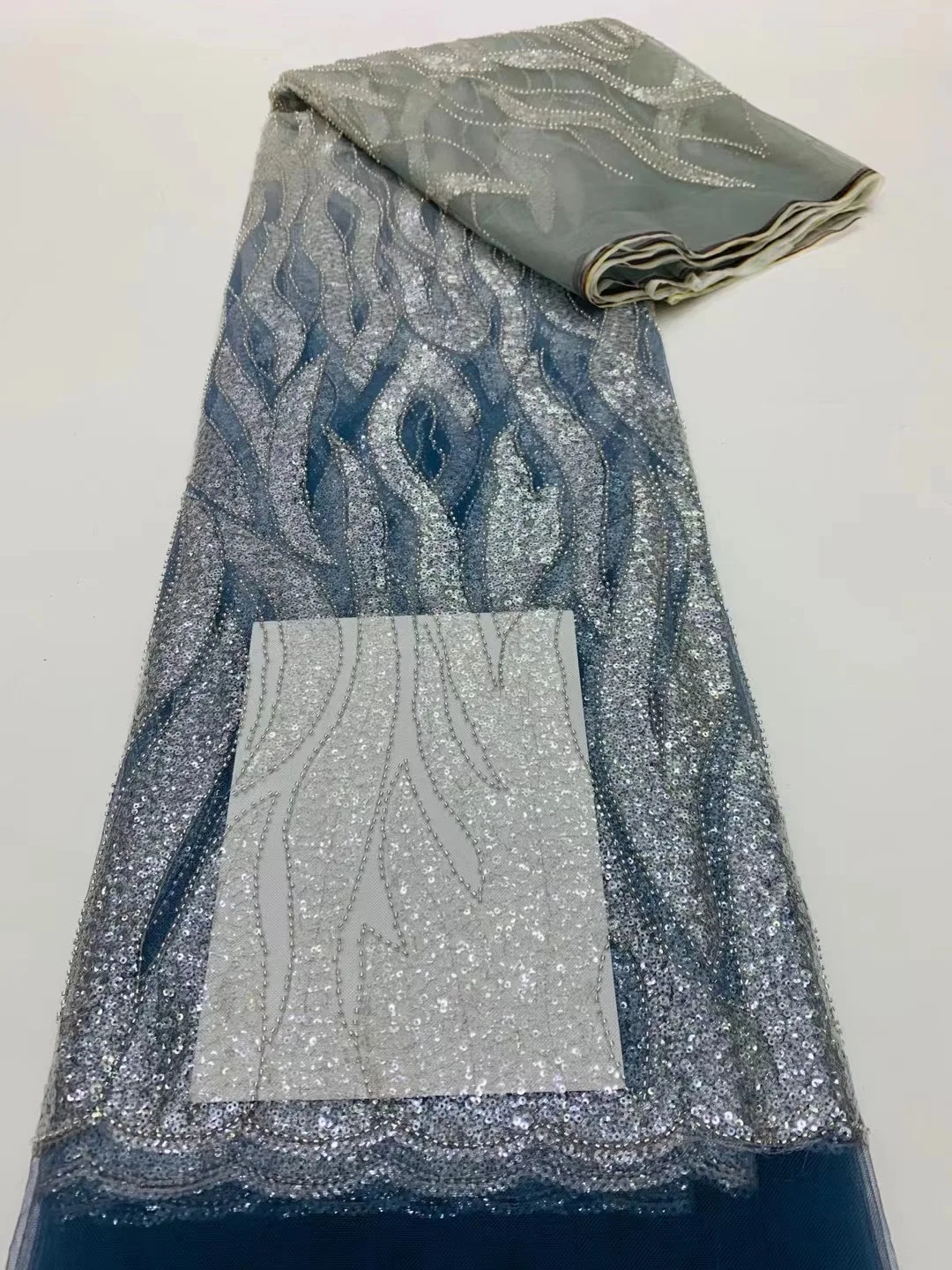 

Роскошная африканская небесно-голубая Тюлевая ткань с блестками во французском стиле 2022 высококачественное кружево ручной работы из бисера в нигерийском стиле для вечернего платья на день рождения
