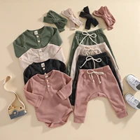 0 24m newborn infant toddler baby girl casual outfit long sleeve solid waffle printed snap romper pants headband set