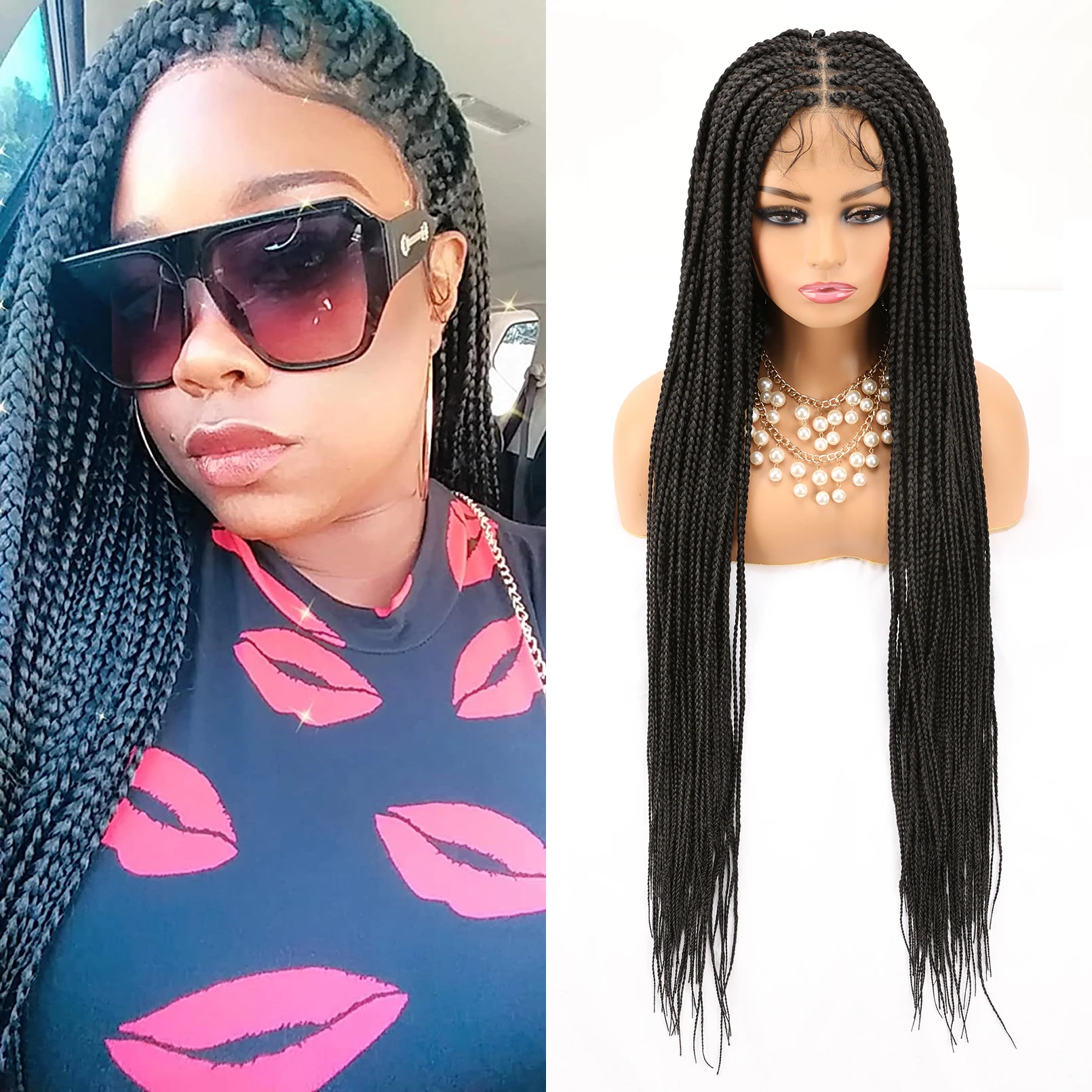 Braided Hair Wig for Women 36 inches Synthetic Braided Wigs with Baby Hair Full Lace Knotless Cornrow Box Braid Wig Lace Front