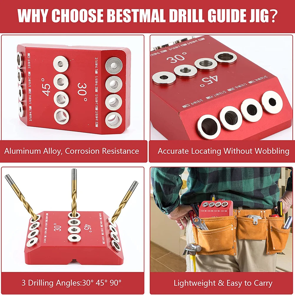 

30/45/90 Degree Drill Guide Multi-angle Aluminum Alloy Pocket Drill Jig Oblique Vertical Doweling Template DIY Woodworking Tools