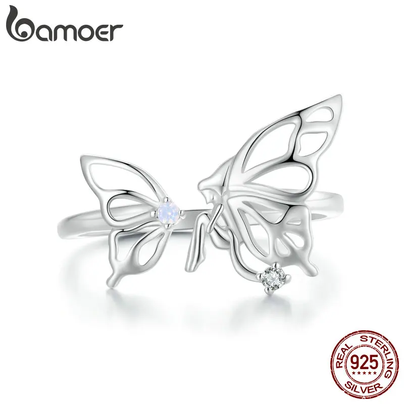 

Женское Открытое кольцо Bamoer, регулируемое кольцо из стерлингового серебра 925 пробы с изящной бабочкой, ювелирные украшения