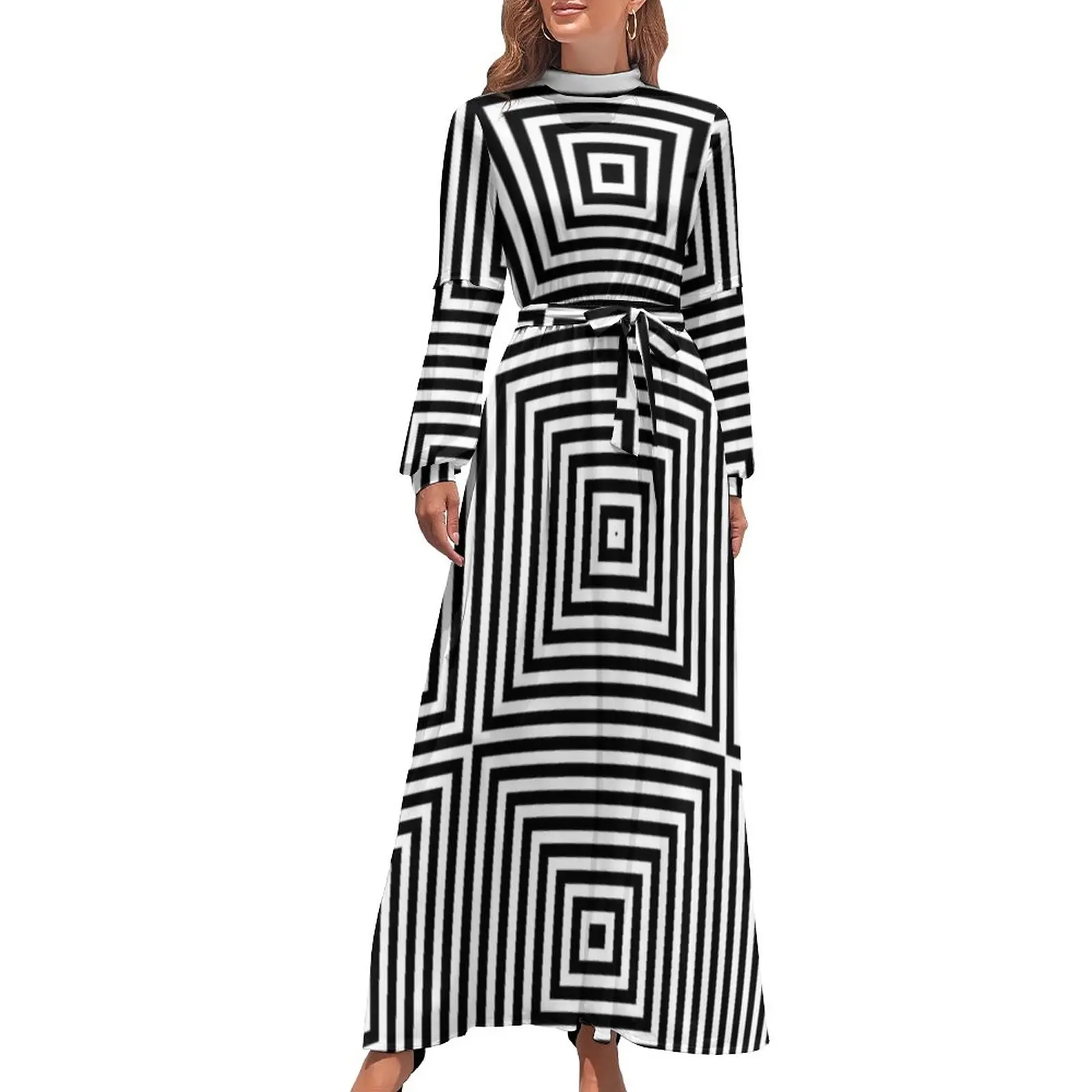 

Black White Line Dress Square Optical Illusion Aesthetic Boho Beach Dresses Women Long-Sleeve High Waist Trendy Long Maxi Dress