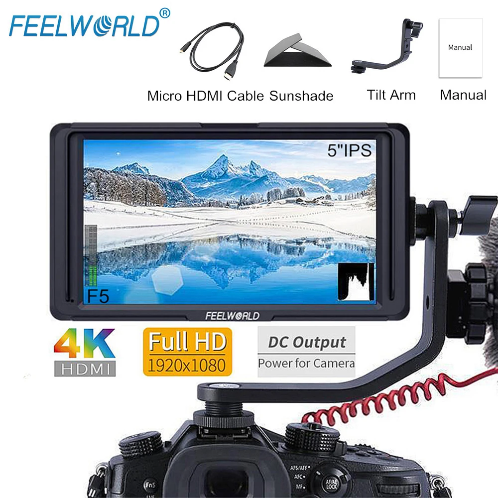 

FEELWORLD F5 5" DSLR Camera Field Monitor 4K HDMI Full HD 1920x1080 IPS Video Peaking Focus Assist