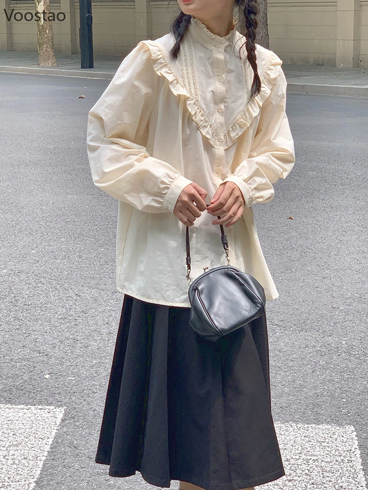 

Spring Autumn Sweet Long Sleeve Shirts Women Casual Solid Loose All-match Tops Girl Fashion Simple Japanese Chic Ruffles Blouses