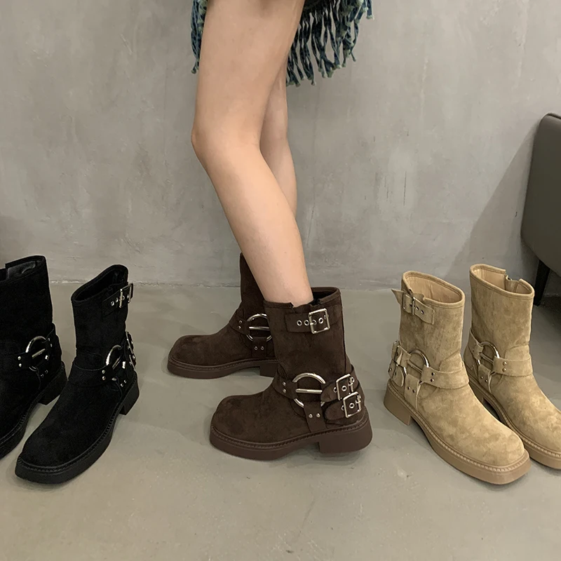 

Женские винтажные полусапожки на толстом каблуке, осенне-зимние полусапожки средней длины с металлической подошвой, 2023