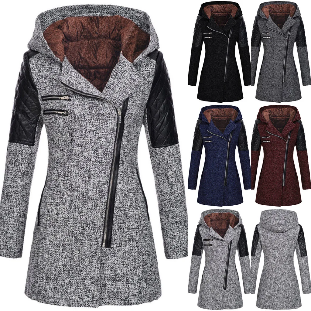 

Winter Warm Women Cotton Hooded Jacket Thickening Wool Coat Female Splice Overcoat Slim Zipper Parkas Outwear