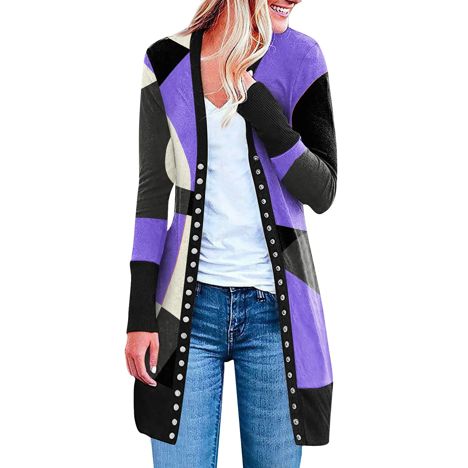 

Женская осенне-зимняя одежда, модный кардиган для женщин, топ с контрастными геометрическими контрастными длинными рукавами, женская одежда с открытым верхом, новинка 2023