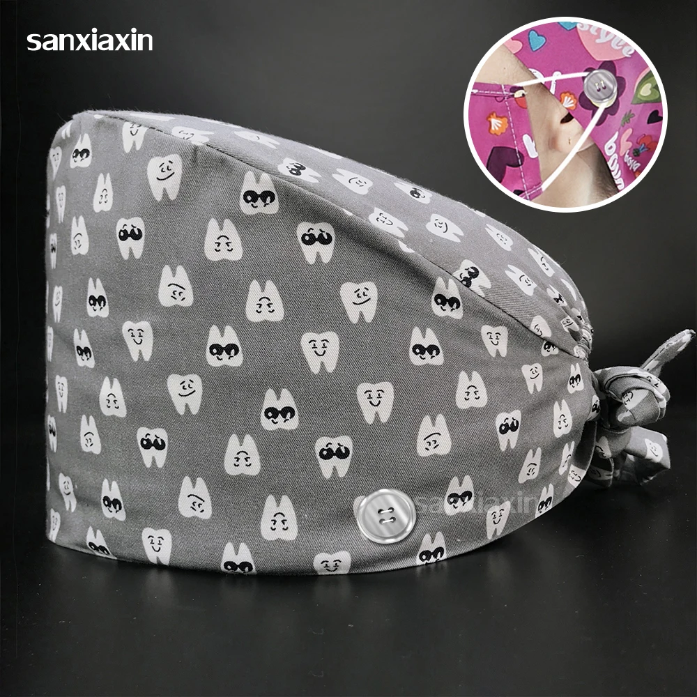 

surgical pharmacist hat lab Beautician hat cotton cartoon printing medical cap nurse dentist work cap with button clinical hat