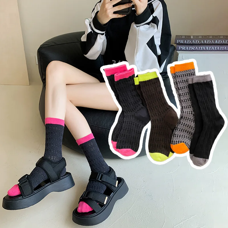 

Summer socks girls and boys in the tube pile socks socks South Korea ins celebrity color matching hollow mesh thin cotton socks