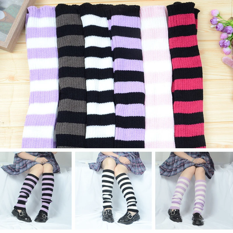 

Japanese Lolita Sweet Girl Striped Leg Warmer Knit Socks Wool Ball Knitted Foot Cover Cosplay Women Autumn Winter Heap Heap Sock