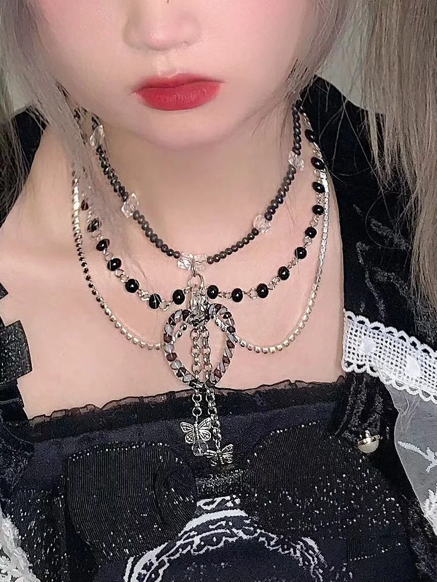 

Freakdadadiekaji design black superimposed multi-layer 90s love transparent glass necklace