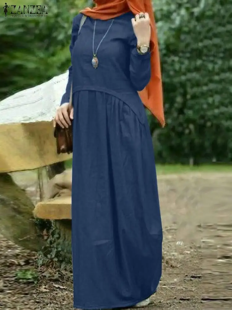 

2023 ZANZEA Fashion Vintage Party Sundress Women Muslim Dress Solid Color Abaya Robe Spring Long Sleeve Denim Blue Maxi Dresses