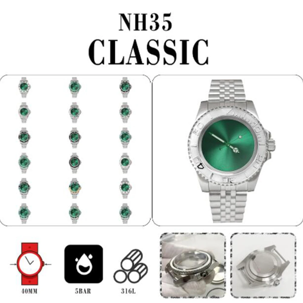 

40mm Men Mechanical Watch Stainless Steel Case Jubilee Band Sapphire Glass SUB/ GMT Bezel Green Dial Brand New NH35 Movement