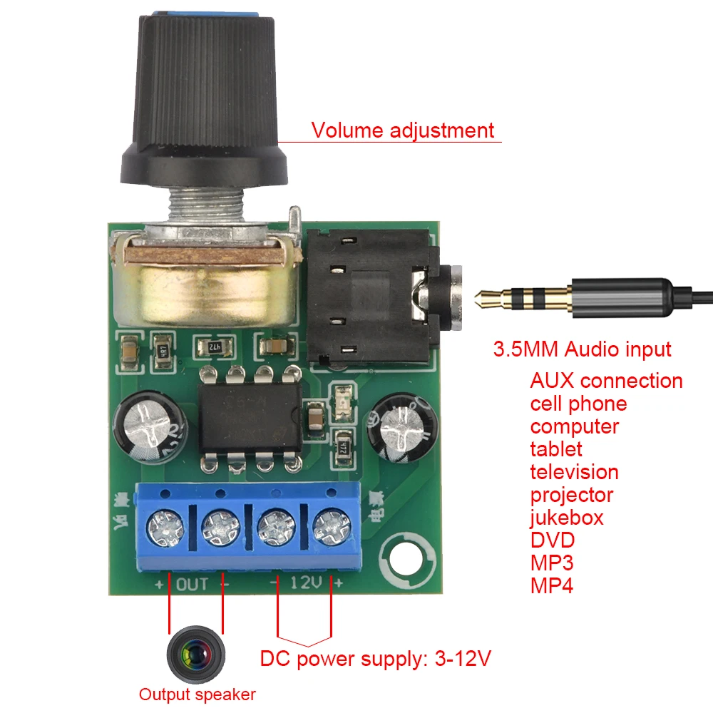 

DC 3V-12V LM386 Mono Mini Power Amplifier Board YX1667 Audio Power Amplifier Board Adjustable Volume Mini Power Amplifier Module