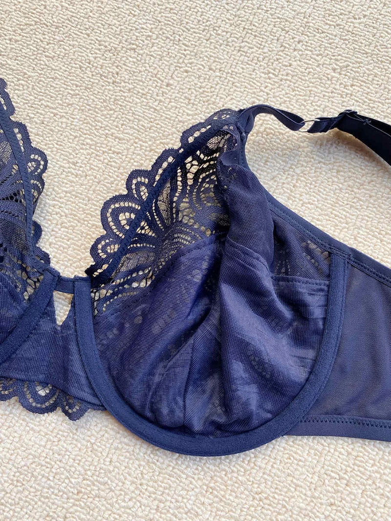 Breathable Womens Deep V Lace Bra 3/4 Cup Non Padded Floral Underwire Female Ultra-thin Underwired Lingerie 34 36 38 40 42 C D E