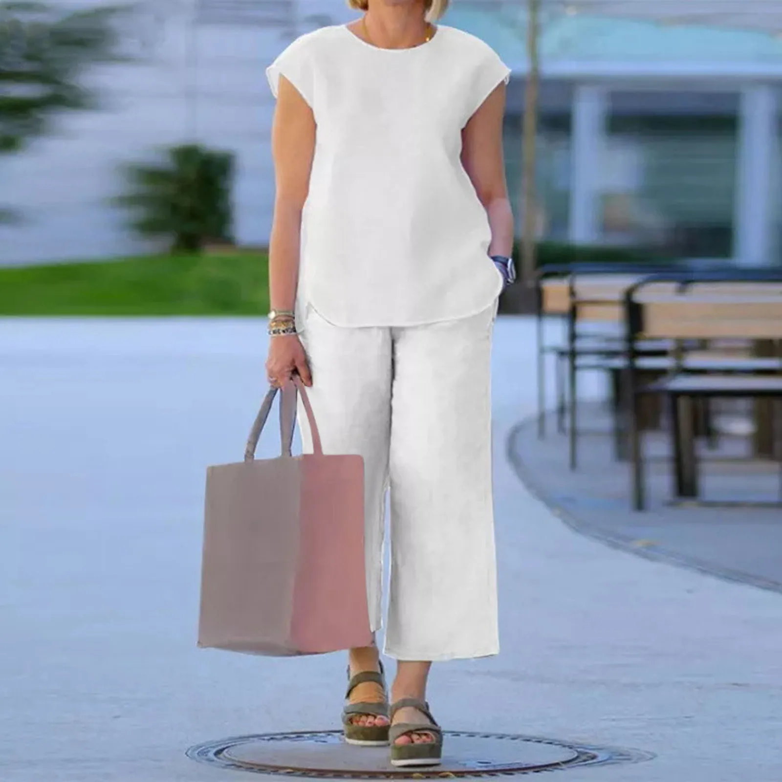 

Женский Повседневный однотонный костюм из 2 предметов, Базовый костюм с жилетом с круглым вырезом и широкими брюками, элегантные свободные ...