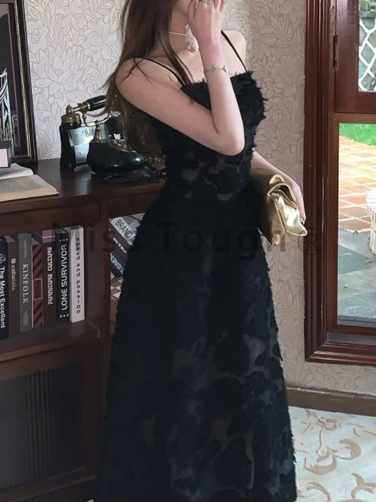 Черное сексуальное женское платье средней длины летнее Прозрачное на бретелях Y2k