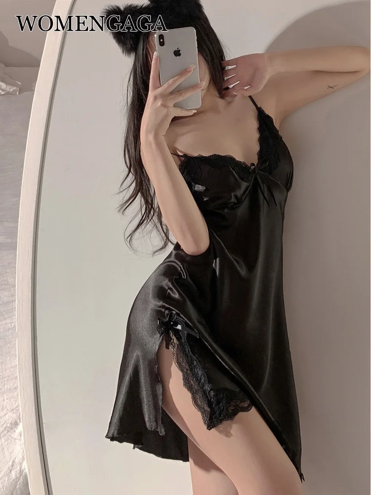 

Lace Sling Fairy Tank Mini Dress Nightdress Women Satin Sexy V Neck Split Sweet Casual Korean Girl Robe Hot Lace K8U4