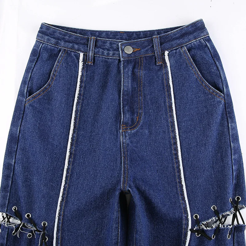 Blue Denim Trousers Women 2021 Harajuku Sexy Bandage Hollow Out Jeans Pants Patchwork Split Street Aesthetic Capris Full Length