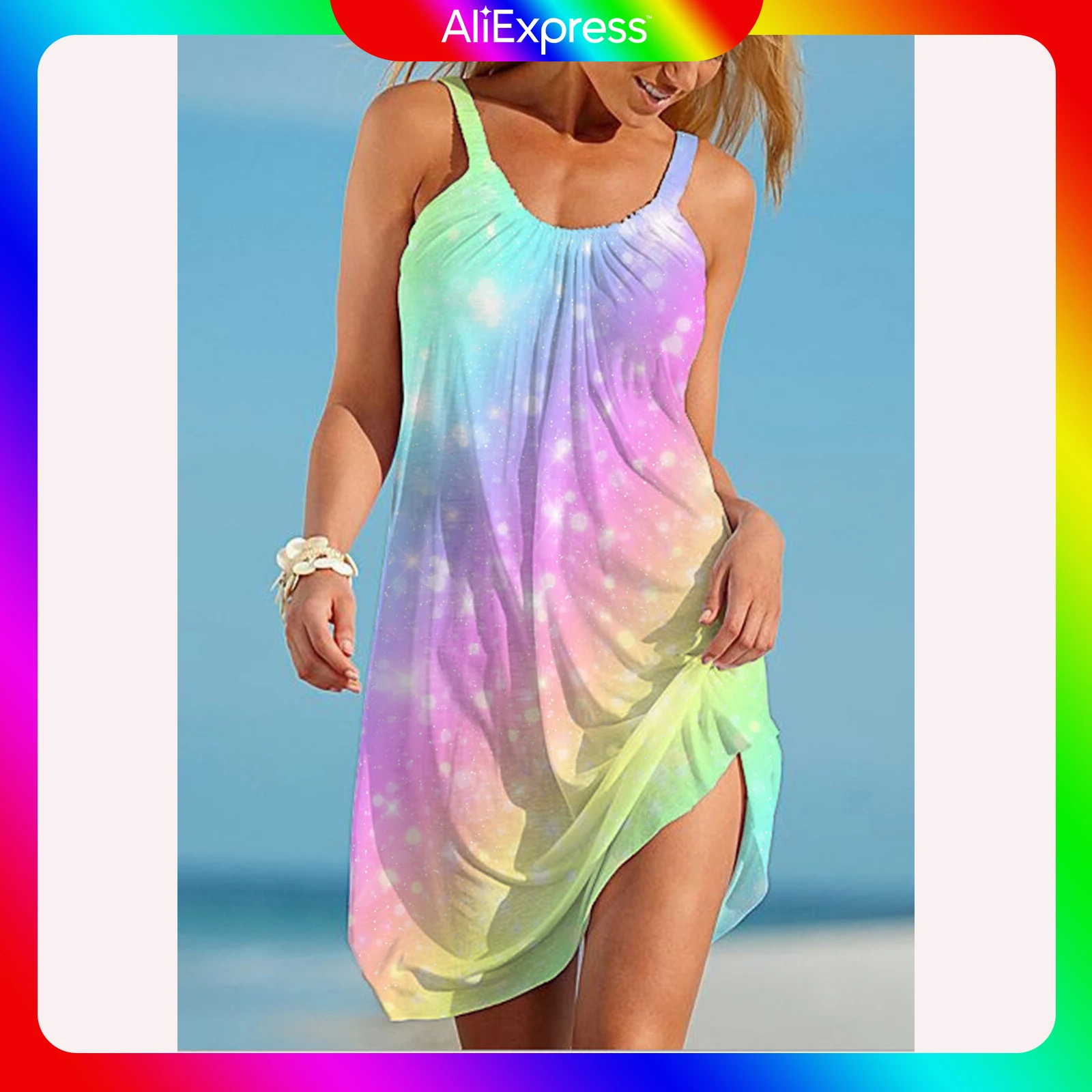 

Women Summer Beach Dress Fashion Sexy Sleeveless Cute Cartoon Print Hem Loose Beach Dresse Summer Beach Holiday Sundress