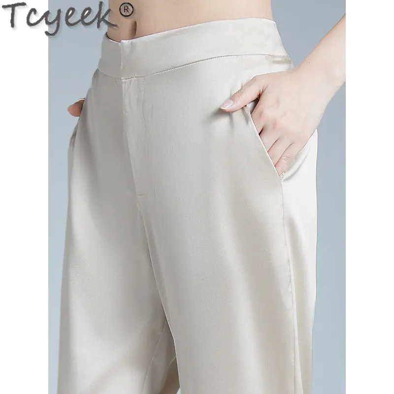 Tcyeek Fashion Harem Ankle-length Trousers Woman Middle-waisted Pants 2023 Summer 95% Mulberry Silk Thin Pants Women Clothes LM