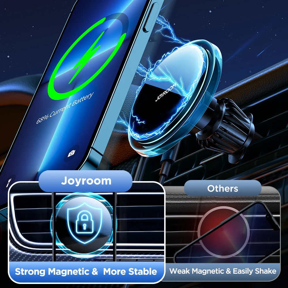 Joyroom Magnetic Car Phone Holder Wireless Charger With Blue Light For iPhone 14 13 12 Pro Max Fast Charging Car Charger Holder