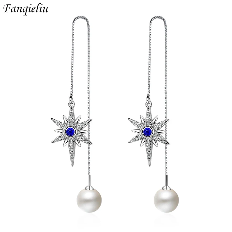 

Fanqieliu S925 Stamp New Women's Drop Earrings Pearl Zircon Star Long Dangler Jewelry Luxury Gift For Girl Trendy FQL20062