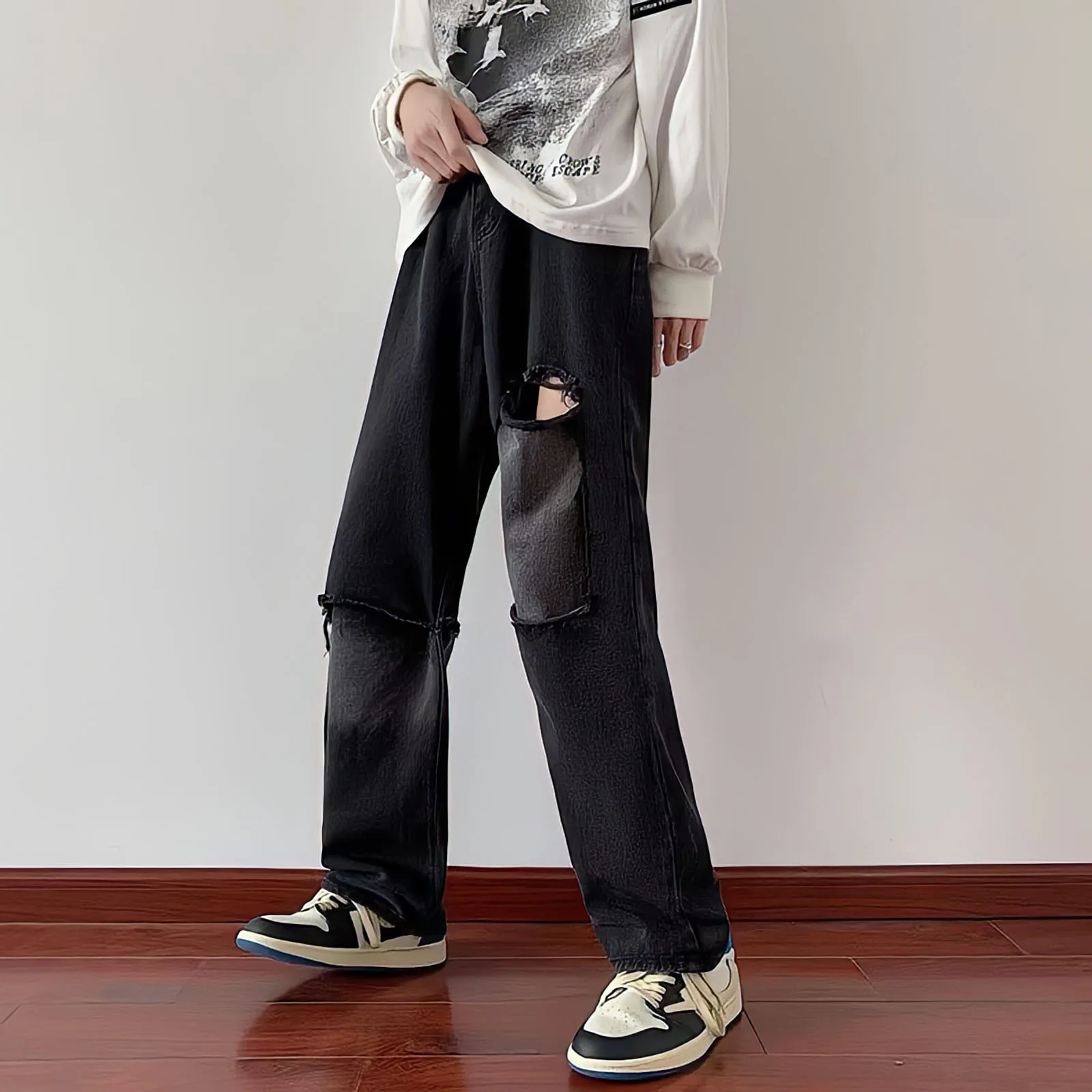 Black Ripped Jeans Men Korean Fashion Harajuku Style Baggy Straight Wide-Leg Pants Vintage High Street Hip Hop Denim Trousers