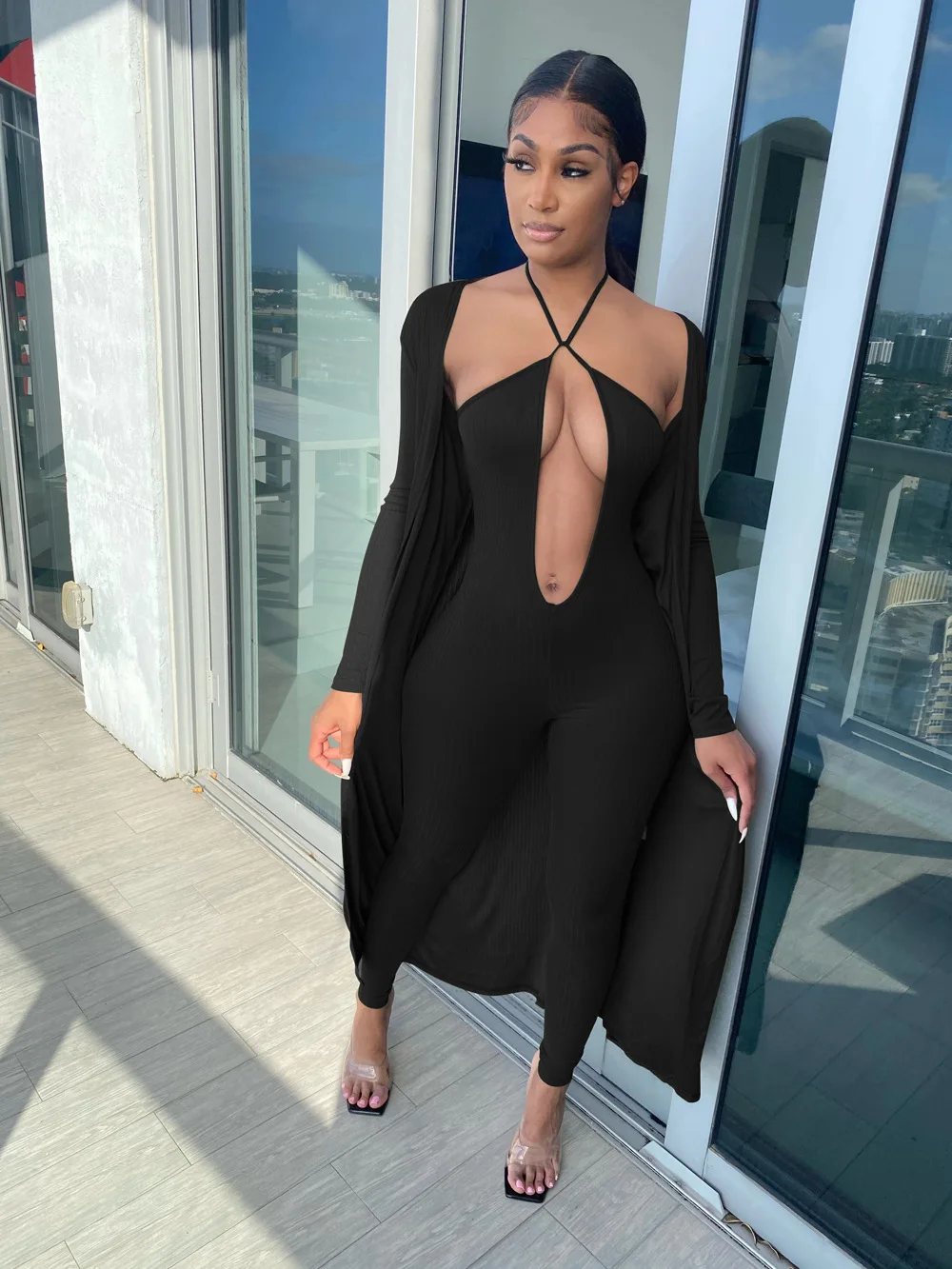 

Sexy Jumpsuits 2 Piece Sets Womens Outfits Long Sleeve Shawl Jacket + Deep V-neck Suspender Pants Streetwear Matching Clothing