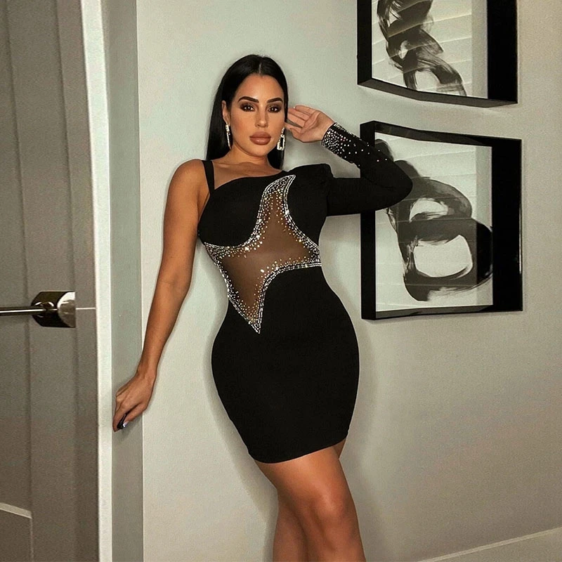 

Sparkle Singe Shoulder Black Rhinestone Mini Dresses Glam Womens Mesh Patchwork See Through Crystal Club Party Dress Outfits