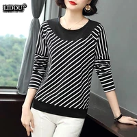o neck patchwork long sleeved straight elasticity simple comfortable tops womens clothing fashion casual striped wild t shirts