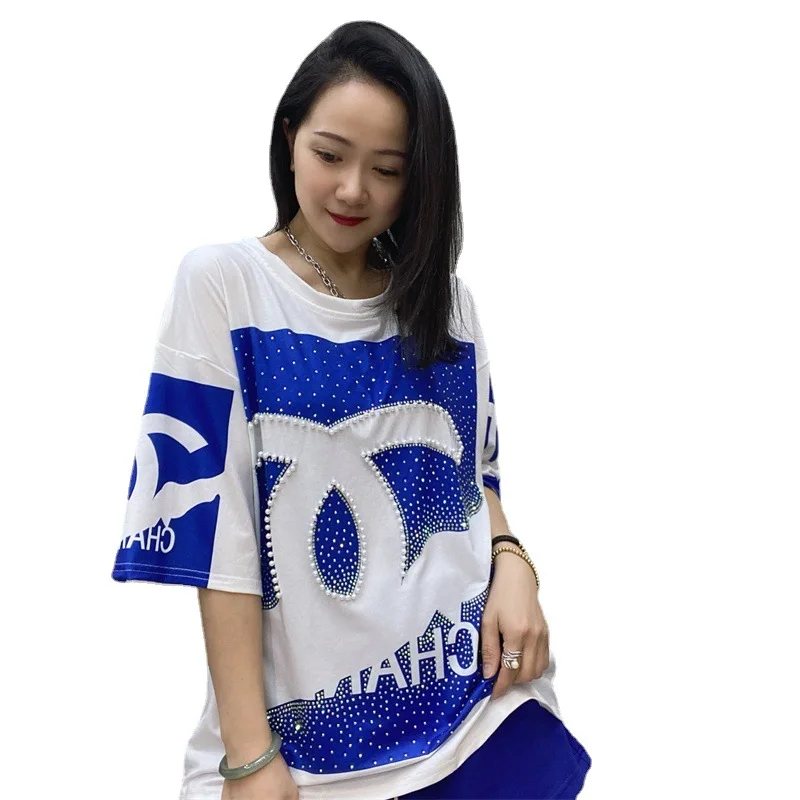

2022 Colorblock Beading Letter Tees Big Size Girls Summer Pullovers t shirt For Women Clothing