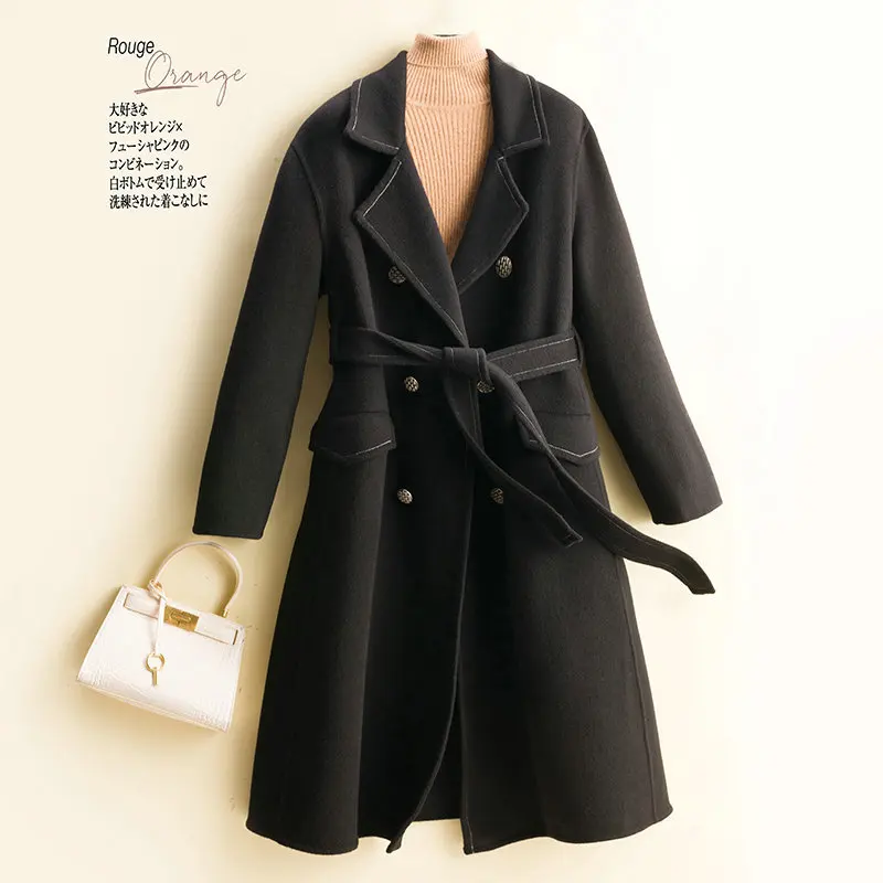 

Autumn and Winter New High Quality Double sided Cashmere Coat Women's Mid length Double breasted Loose Wool Woolen Coat