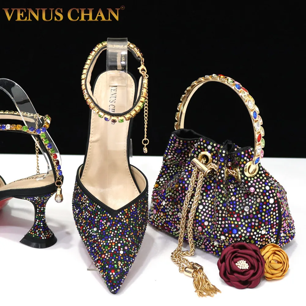 Venus Chan 2023 Italian Design Luxury Women's Shoes And Bag Set, Full Diamond Decoration Metal Closure Bag