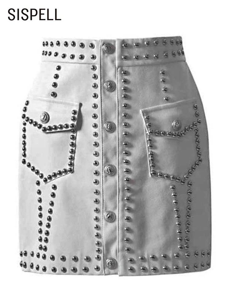 

SISPELL Punk Style Skirt For Women High Waist Solid Patchwork Rivet PU Leather Mini Skirts Female Summer Clothing Style New 2022