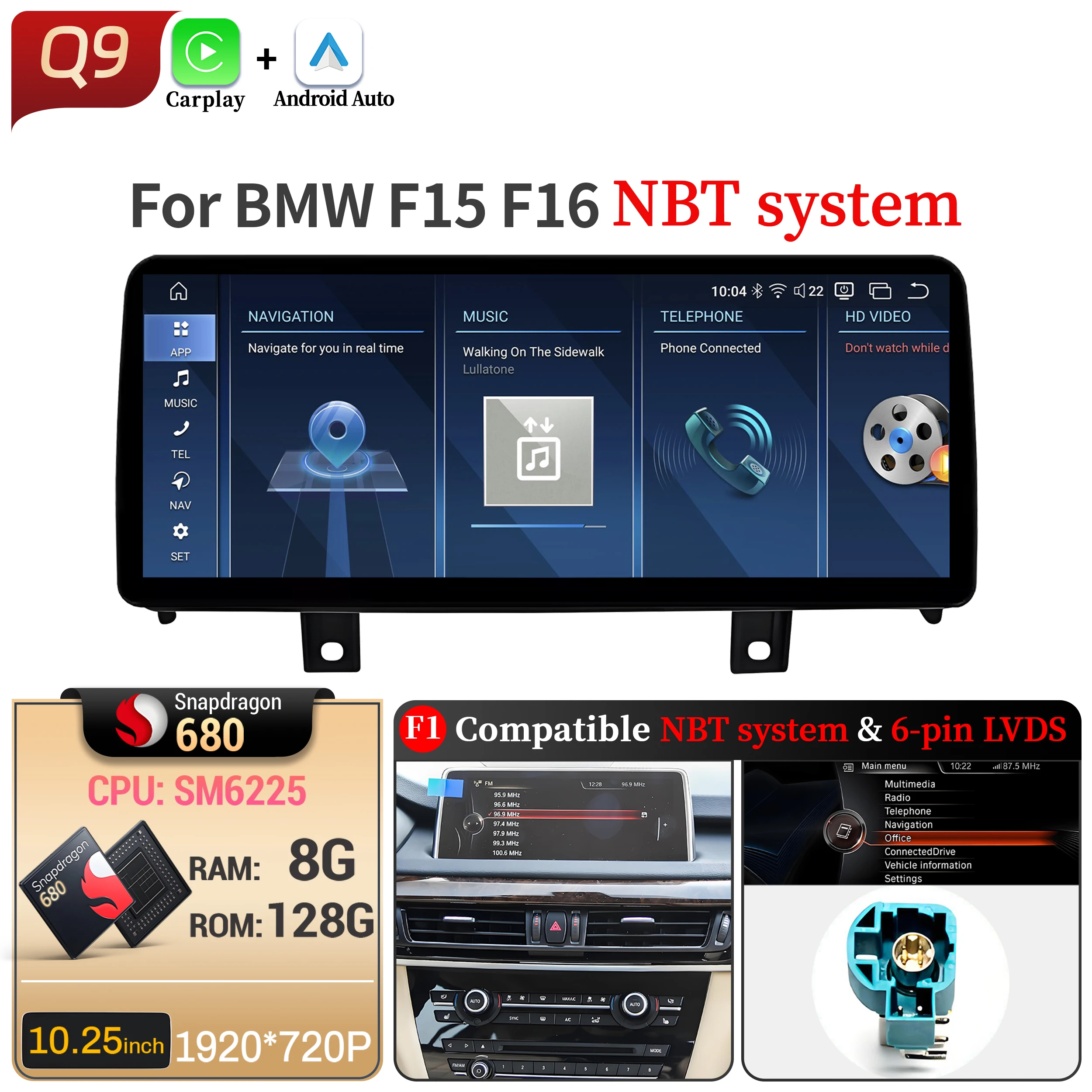 

10,25-дюймовый автомобильный радиоприемник для BMW X5 F15 X6 F16 2014 2015 2016-2018, беспроводной Bluetooth Carplay, головное устройство, сенсорный экран Snapdragon 680