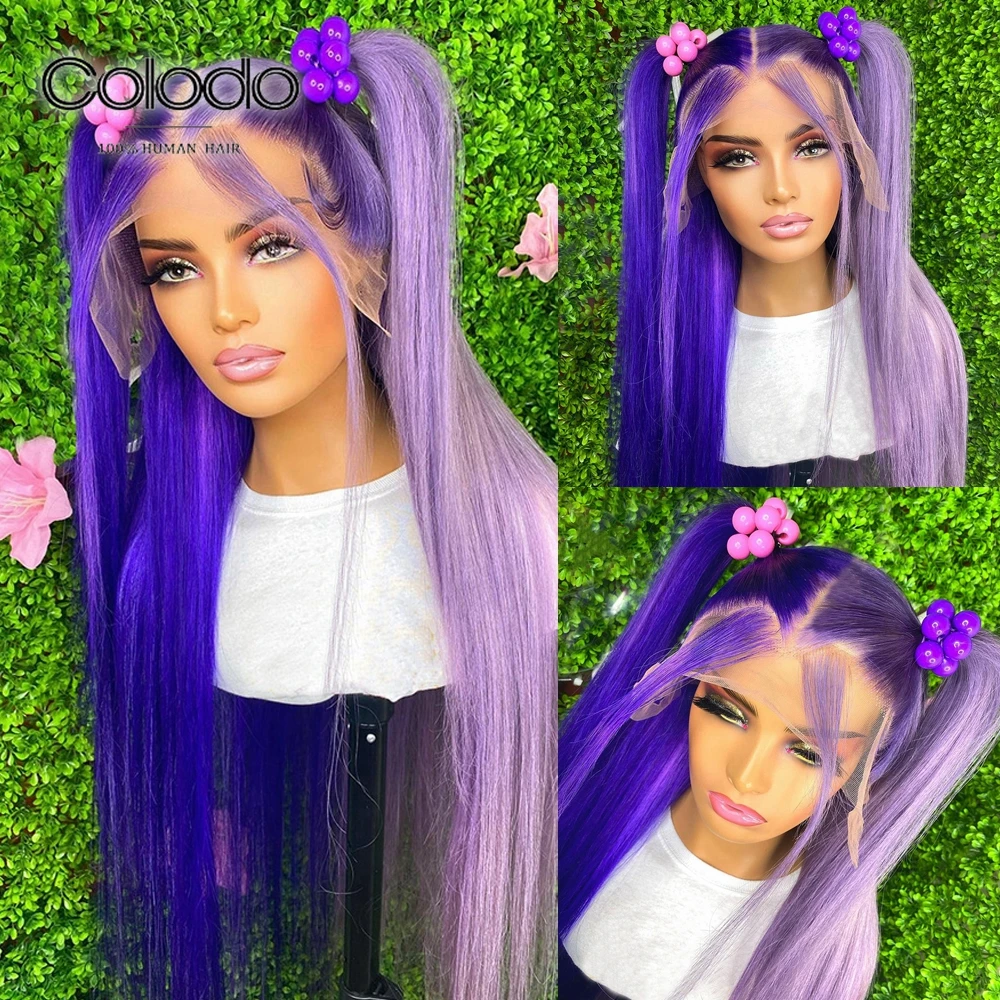 

COLODO Ombre Purple Color Pre Plucked 13x4 Lace Front Wig Brazilian Remy Human Hair Glueless Wigs Straight Wiith Baby Hair