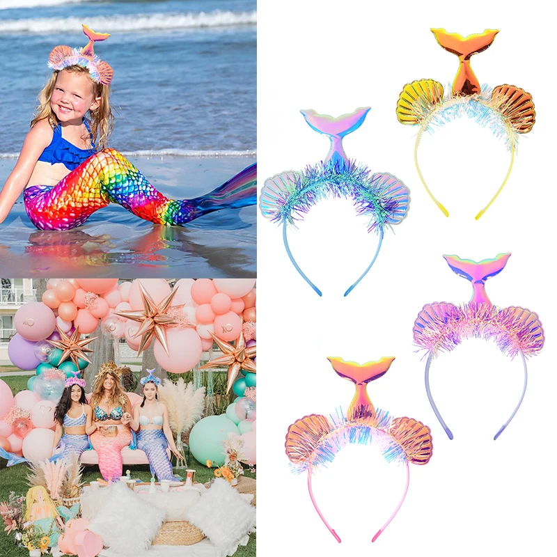 

Little Mermaid Headband Sequin Mermaid Tail Hat Shell Shape Headwear Photo Props Girl Birthday Party Decor Hair Hoop Accessories