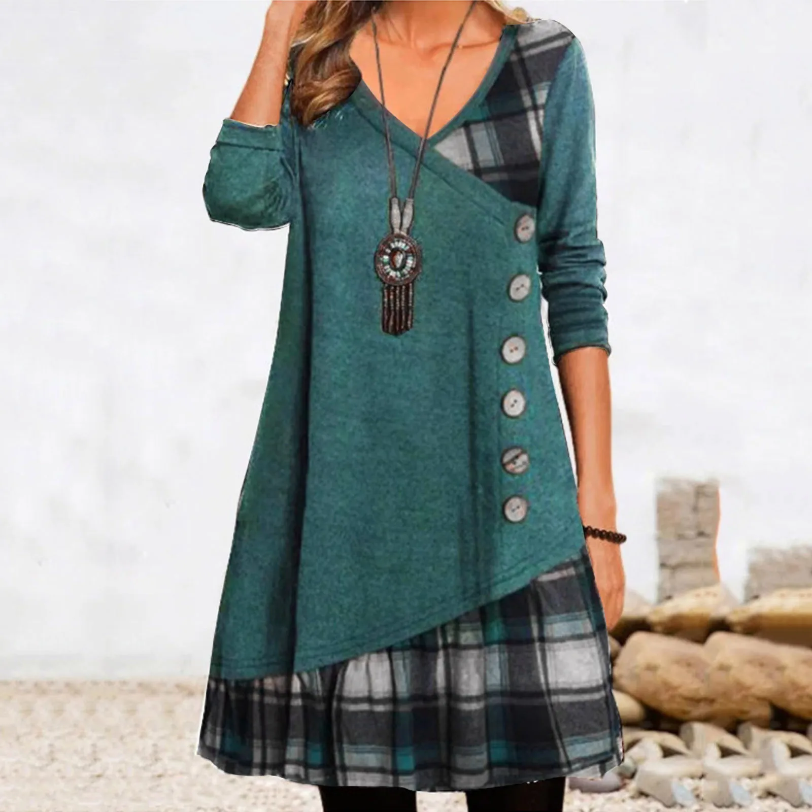 

Womens Long Sleeve V Neck Patchwork Dress Decorated Button Plaid Print Dress