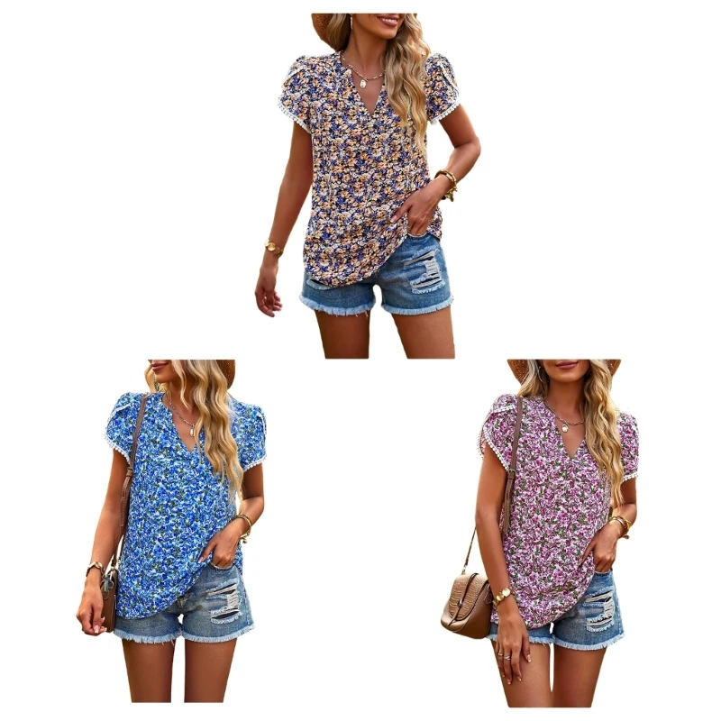 

Women Pompom Lace Trim Petal Sleeve V-Neck Shirt Floral Print Tunic Blouses Top
