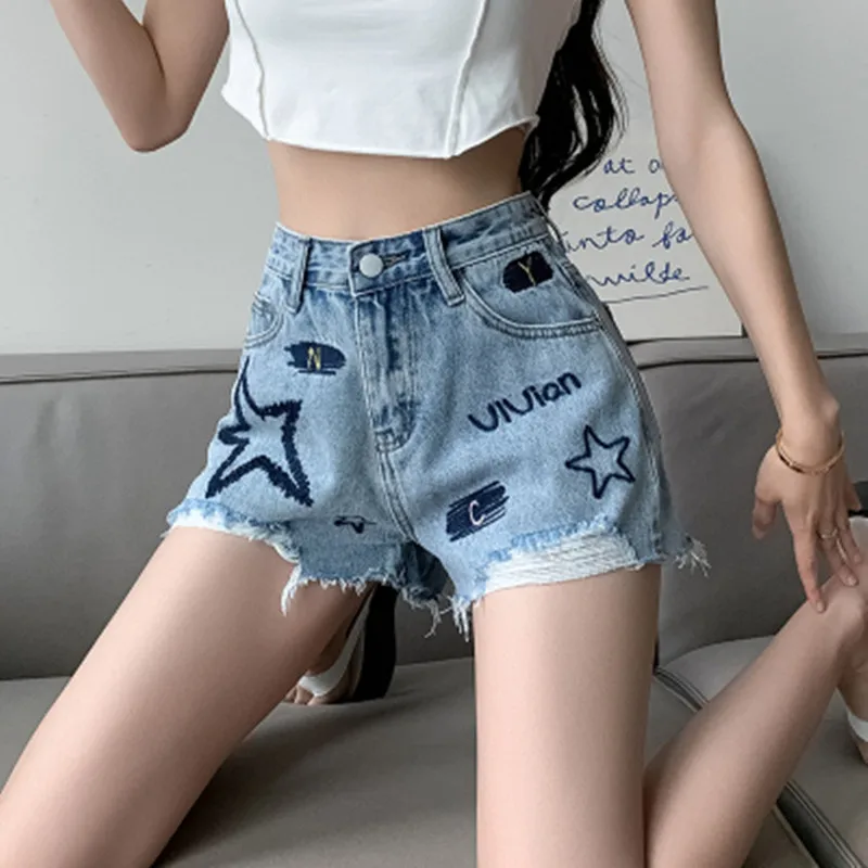 BULOCHOVA Blue High Waist Loose Hole Denim Shorts For Women Embroidery Wide Leg Hot Short Pants Jeans Female Large Size 2023 New