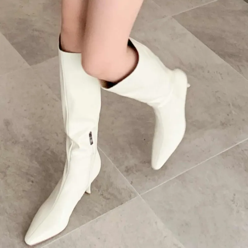 

Ботинки женские из коровьего спилка, маленький квадратный носок, высокий каблук-шпилька, простая стильная теплая зимняя обувь, красивые высокие сапоги до бедра