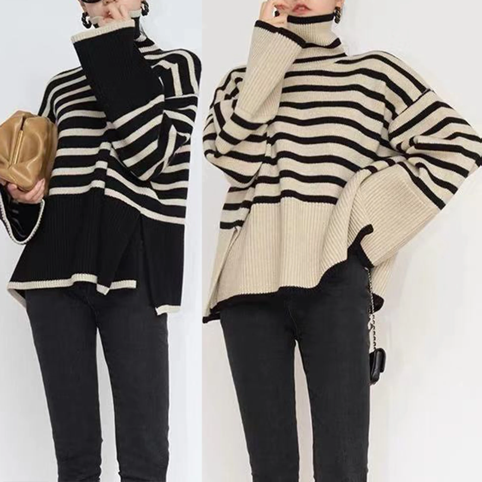 

Women Sweater Pullover High Collar Ladies Oversized Jumpers Horizontal Striped Cozy Sweaters Casual Side Slit Vacation Outfit