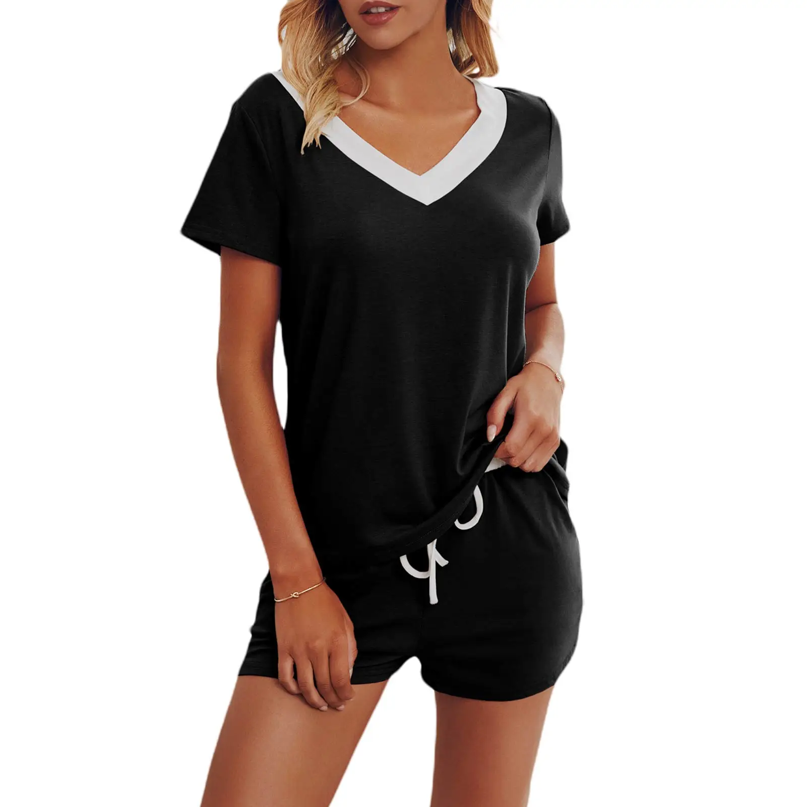 

Пижамный комплект Женский однотонный из 2 предметов с V-образным вырезом