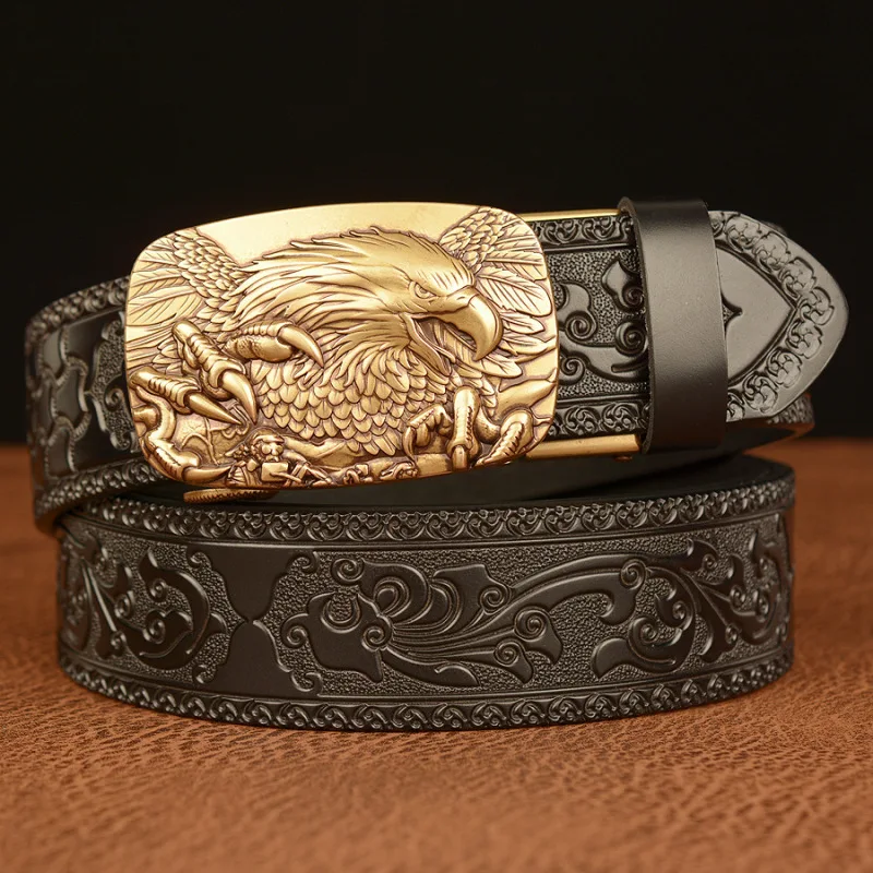 Vintage Eagle Gold Silver Automatic Buckle Belt for Men Genuine Leather 110 115 120 125 130cm Black Brown Jeans Business Belts